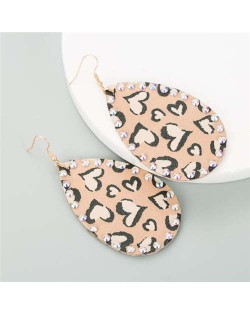 Rhinestone Embellished Folk Fashion Waterdrop Leather Texture Women Wholesale Earrings - Khaki