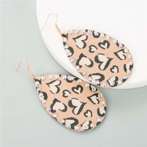 Rhinestone Embellished Folk Fashion Waterdrop Leather Texture Women Wholesale Earrings - Khaki