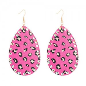 Rhinestone Embellished Folk Fashion Waterdrop Leather Texture Women Wholesale Earrings - Rose