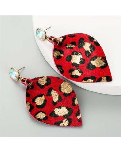 Leopard Prints Creative Leather Texture Leaves Design Women Wholesale Earrings - Red