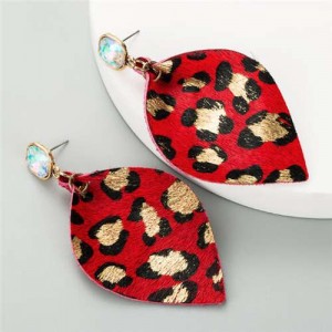 Leopard Prints Creative Leather Texture Leaves Design Women Wholesale Earrings - Red