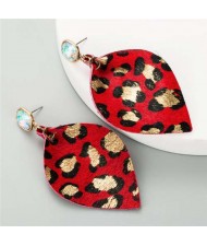 Leopard Prints Creative Leather Texture Leaves Design Women Wholesale Earrings - Red