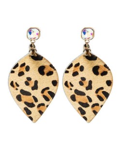 Leopard Prints Creative Leather Texture Leaves Design Women Wholesale Earrings - Khaki