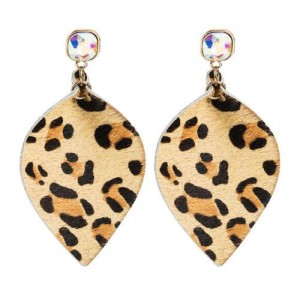 Leopard Prints Creative Leather Texture Leaves Design Women Wholesale Earrings - Khaki