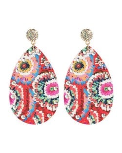 Rhinestone Embellished Colorful Flowers Prints Bohemian Fashion Leather Texture Women Wholesale Earrings