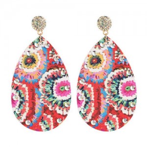 Rhinestone Embellished Colorful Flowers Prints Bohemian Fashion Leather Texture Women Wholesale Earrings