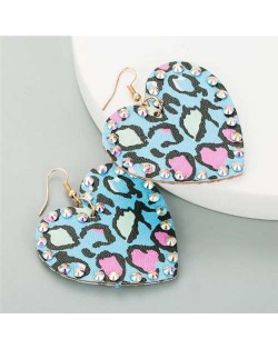 Rhinestone Embellished Heart Shape Leopard Prints Leather Texture Women Fashion Costume Earrings - Blue