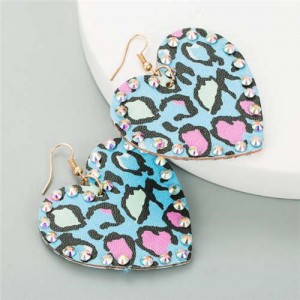 Rhinestone Embellished Heart Shape Leopard Prints Leather Texture Women Fashion Costume Earrings - Blue