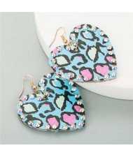 Rhinestone Embellished Heart Shape Leopard Prints Leather Texture Women Fashion Costume Earrings - Blue