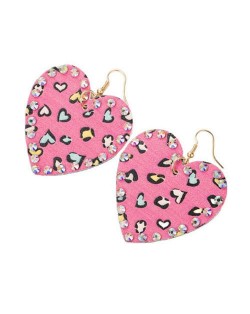 Rhinestone Embellished Heart Shape Leopard Prints Leather Texture Women Fashion Costume Earrings - Rose