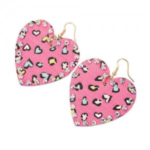 Rhinestone Embellished Heart Shape Leopard Prints Leather Texture Women Fashion Costume Earrings - Rose