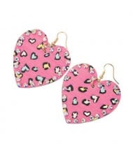 Rhinestone Embellished Heart Shape Leopard Prints Leather Texture Women Fashion Costume Earrings - Rose