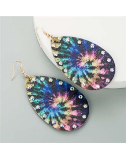 Rhinestone Embellished Leather Texture Waterdrop Design Women High Fashion Earrings - Universe