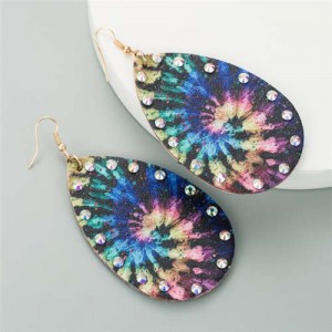 Rhinestone Embellished Leather Texture Waterdrop Design Women High Fashion Earrings - Universe