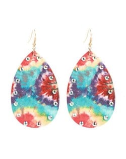 Rhinestone Embellished Leather Texture Waterdrop Design Women High Fashion Earrings - Abstract Floral