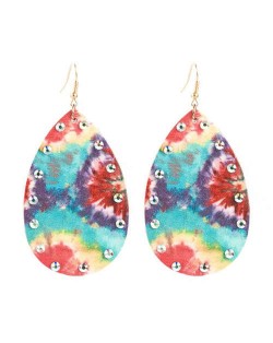 Rhinestone Embellished Leather Texture Waterdrop Design Women High Fashion Earrings - Abstract Floral