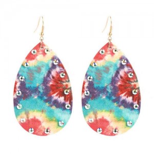 Rhinestone Embellished Leather Texture Waterdrop Design Women High Fashion Earrings - Abstract Floral