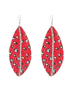 Rhinestone Embellished Heart Leopard Prints Leaves Shape Women Fashion Earrings - Red