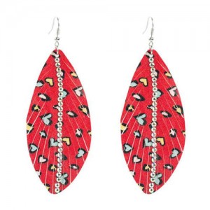 Rhinestone Embellished Heart Leopard Prints Leaves Shape Women Fashion Earrings - Red