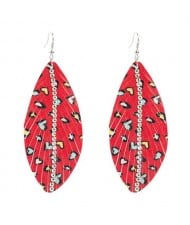 Rhinestone Embellished Heart Leopard Prints Leaves Shape Women Fashion Earrings - Red