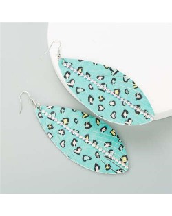Rhinestone Embellished Heart Leopard Prints Leaves Shape Women Fashion Earrings - Lake Blue