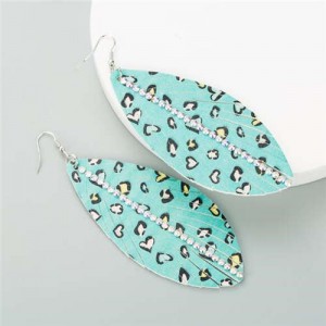 Rhinestone Embellished Heart Leopard Prints Leaves Shape Women Fashion Earrings - Lake Blue