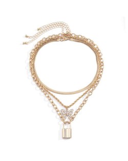 Multi-layer Chains Butterfly and Lock Pendants High Fashion Women Wholesale Necklace - Golden