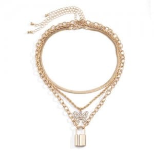Multi-layer Chains Butterfly and Lock Pendants High Fashion Women Wholesale Necklace - Golden