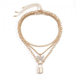 Multi-layer Chains Butterfly and Lock Pendants High Fashion Women Wholesale Necklace - Golden