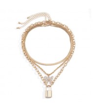 Multi-layer Chains Butterfly and Lock Pendants High Fashion Women Wholesale Necklace - Golden