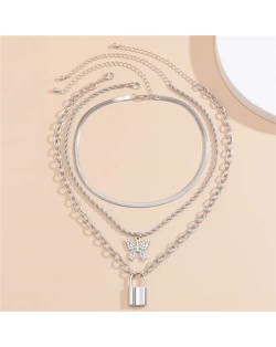 Multi-layer Chains Butterfly and Lock Pendants High Fashion Women Wholesale Necklace - Platinum