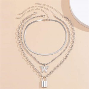 Multi-layer Chains Butterfly and Lock Pendants High Fashion Women Wholesale Necklace - Platinum