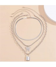Multi-layer Chains Butterfly and Lock Pendants High Fashion Women Wholesale Necklace - Platinum