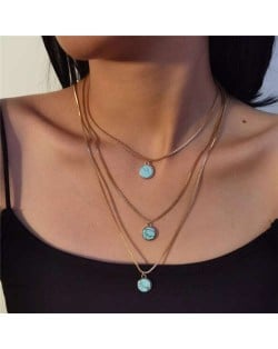 Artificial Turquoise Round Pendants Triple Layers High Fashion Women Statement Necklace