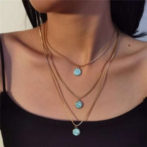 Artificial Turquoise Round Pendants Triple Layers High Fashion Women Statement Necklace