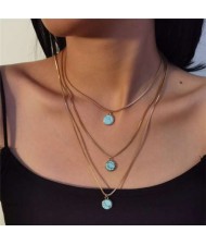 Artificial Turquoise Round Pendants Triple Layers High Fashion Women Statement Necklace