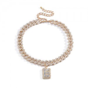 Rhinestone Inlaid Cuban Chain Alphabet Pendant Shining Fashion Chunky Costume Necklace - Golden