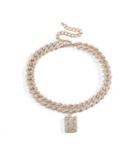Rhinestone Inlaid Cuban Chain Alphabet Pendant Shining Fashion Chunky Costume Necklace - Golden
