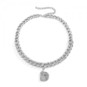 Rhinestone Inlaid Cuban Chain Alphabet Pendant Shining Fashion Chunky Costume Necklace - Silver
