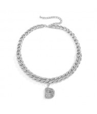 Rhinestone Inlaid Cuban Chain Alphabet Pendant Shining Fashion Chunky Costume Necklace - Silver