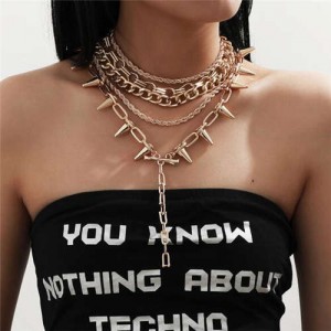 Multi-layer Rivets Style Punk Fashion Golden Choker Alloy Necklace