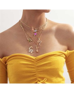 Dragon Snake and Rose Assorted Fashion Elements Pendants Multi-layer Alloy Women Necklaces