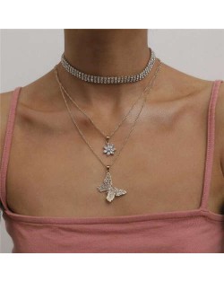 Butterfly and Cubic Zirconia Flower Pendants Rhinestone Choker Necklaces Combo