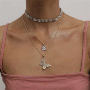 Butterfly and Cubic Zirconia Flower Pendants Rhinestone Choker Necklaces Combo