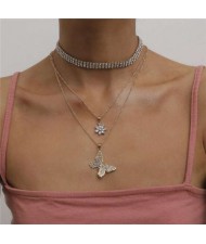 Butterfly and Cubic Zirconia Flower Pendants Rhinestone Choker Necklaces Combo