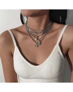 Punk Fashion Skull and Angel Pendants Multiple Layers Women Alloy Choker Necklace