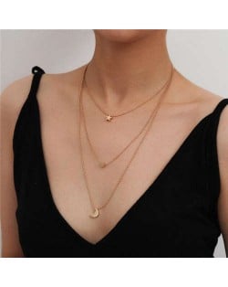 Star Moon and Heart Pendants Triple Layers Elegant Women Statement Wholesale Necklace