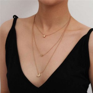 Star Moon and Heart Pendants Triple Layers Elegant Women Statement Wholesale Necklace