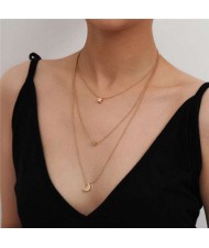 Star Moon and Heart Pendants Triple Layers Elegant Women Statement Wholesale Necklace