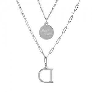 Alphabet and Good Luck Pendant Dual Layers High Fashion Women Costume Necklace